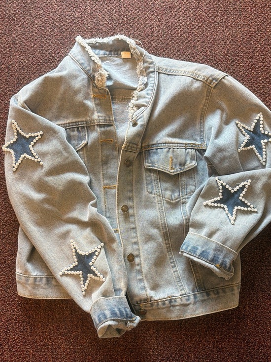 Jackets & Blazers - Light Blue Denim Jacket with Star Pearl Accents